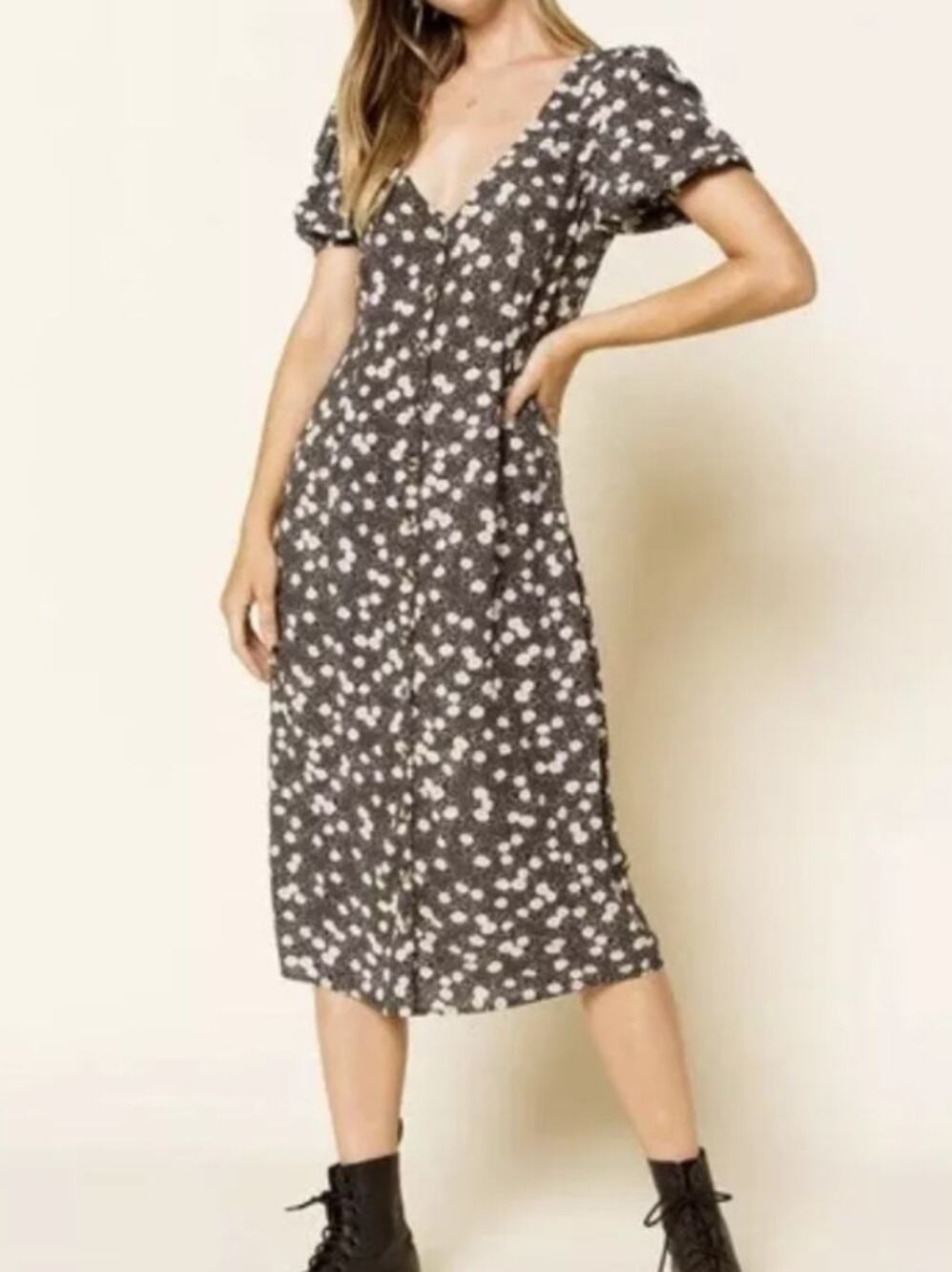 Amuse Society Womens Midi Woven Button Down Front Floral Dress, Black Size Small